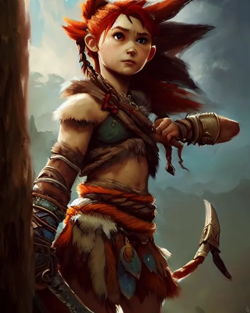 Image similar to cute little anthropomorphic kratos and aloy cute and adorable, pretty, beautiful, dnd character art portrait, matte fantasy painting, deviantart artstation, god of war, horizon zero dawn, by jason felix by steve argyle by tyler jacobson by peter mohrbacher