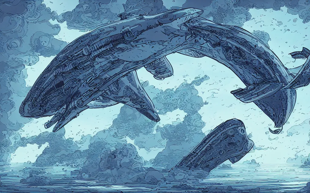 Prompt: biomechanical flying whale, in the style of james jean and laurie greasley, dynamic composition, dramatic lighting, ultra detailed, nitro colors