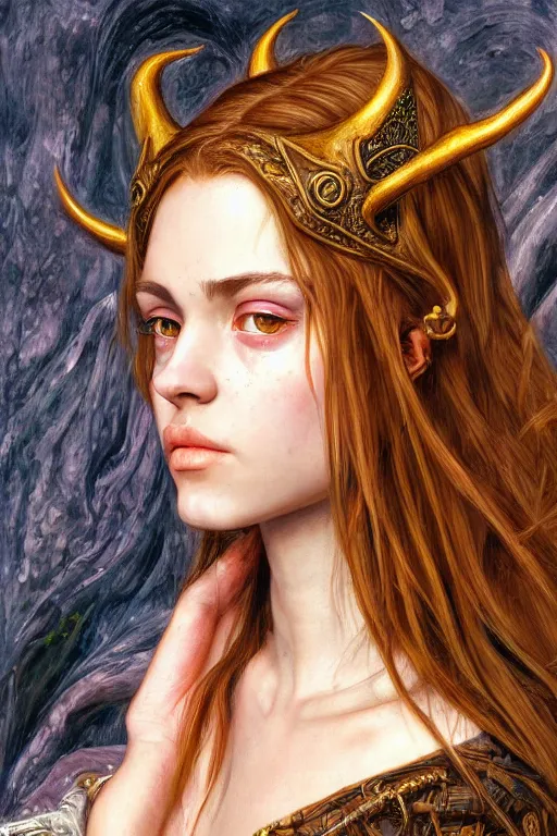 Image similar to high quality extremely detailed portrait of a young gorgeous female warlock looking away from the camera, detailed eyes, sparkle in eyes, no hands visible, fantasy, d & d, intricate, painting by lucian freud and mark brooks, hd