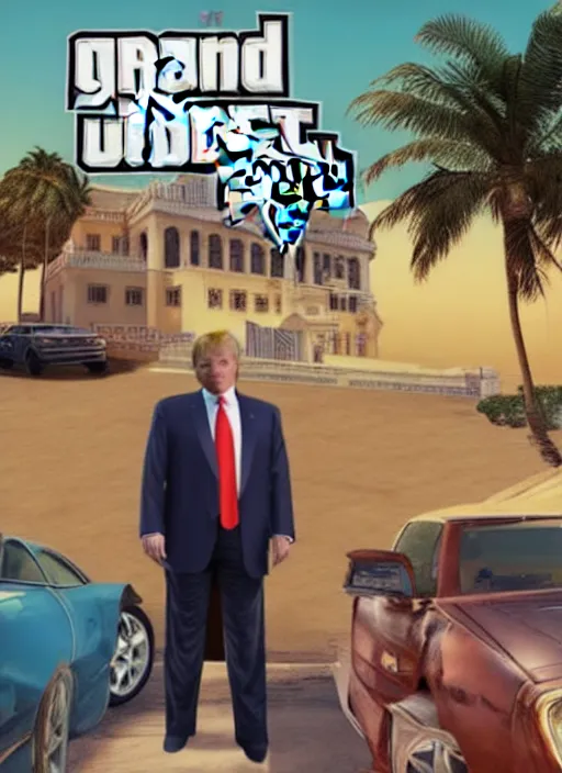 Prompt: gta 5 game poster showing donald trump with cardboard box outside mar - a - lago, wide shot,