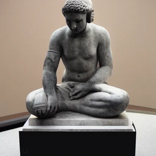 Prompt: Ancient with headphone, PC gamer, marble statue, museum exhibitions