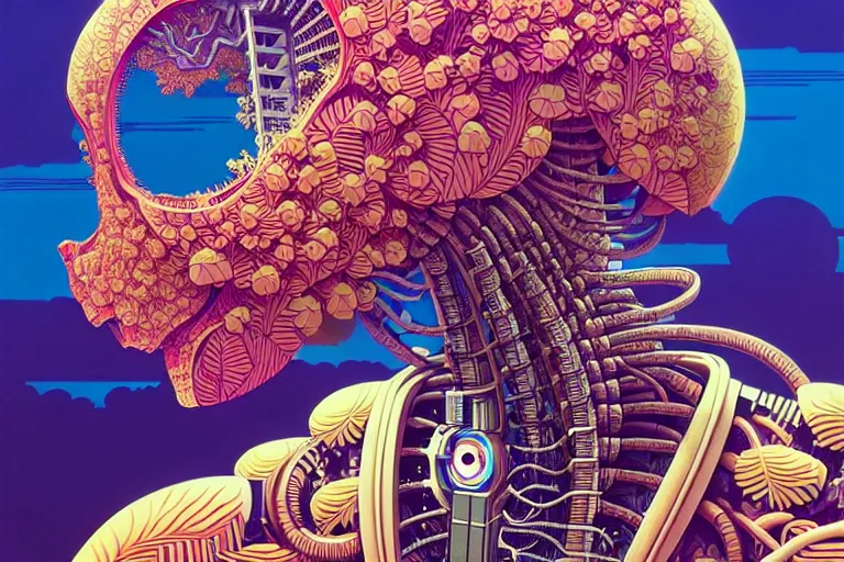 Image similar to gigantic robot head, a lot of exotic vegetation, trees, flowers by moebius, junji ito, tristan eaton, victo ngai, artgerm, rhads, ross draws, hyperrealism, intricate detailed, risograph