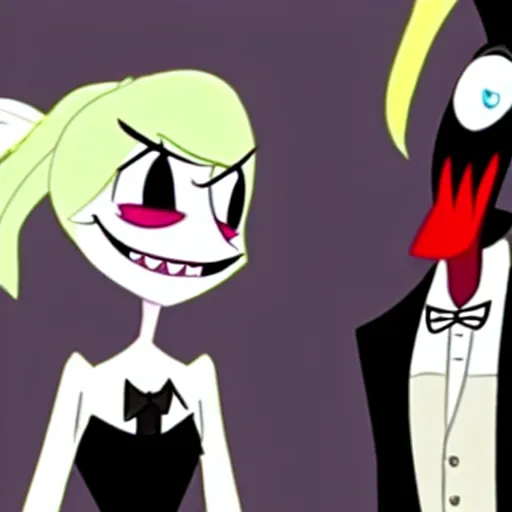 Prompt: A Still of Hazbin Hotel where Charlie morningstar and vaggie and a man wearing a business suit trying to figure out what happened to the missing person