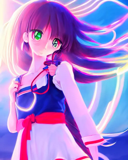 Image similar to anime style, vivid, expressive, full body, 4 k, painting, a cute magical girl with a long wavy hair wearing a sailor outfit, correct proportions, stunning, realistic light and shadow effects, neon lights, studio ghibly makoto shinkai yuji yamaguchi