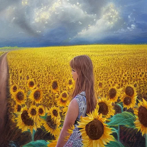 Prompt: a girl slowly walking through amazing tall sunflower field, hair flowing, early morning lightning, bad weather approaching, elegant, subtle, intricate details, real masterpiece, oil on canvas, by somsak anong