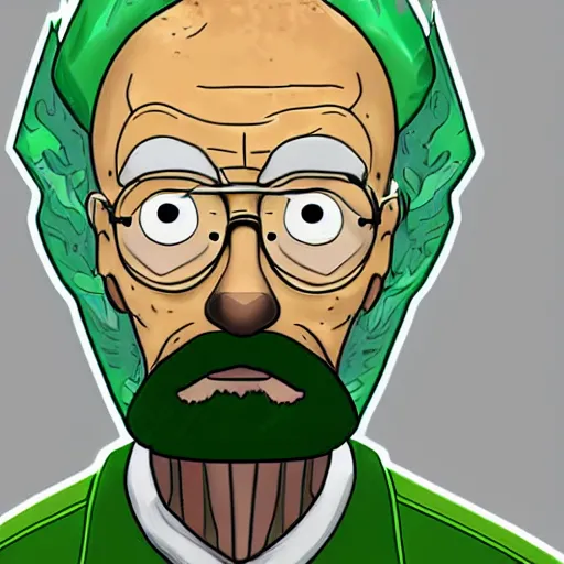Image similar to digital art of Walter white as pickle rick from rick and morty, detailed, realism, cartoon art