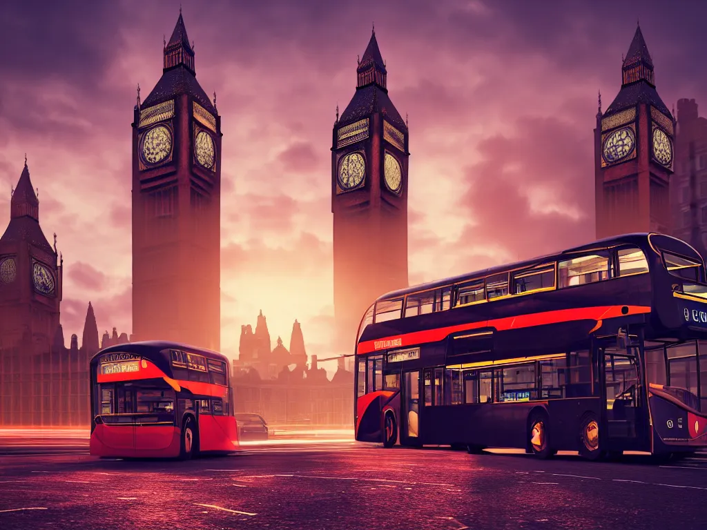 Prompt: an ancient beautiful cyborg with glowing eyes in the city of London, westminster in background, london bus, colourful, dramatic lighting, golden hour, very detailed octane render very realistic beautiful