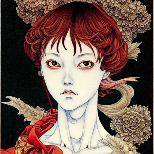 Image similar to prompt: Portrait painted in renaissance style drawn by Katsuhiro Otomo and Takato Yamamoto, inspired by Fables, china doll face, smooth face feature, intricate oil painting, high detail, sharp high detail, manga and anime 2000