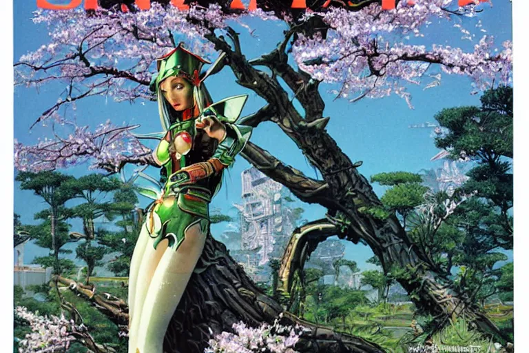 Prompt: 1979 OMNI Magazine Cover of a female Druidic elf with armor by a cherry tree in a Neo-Tokyo garden in cyberpunk style by Vincent Di Fate