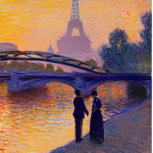 Prompt: young couple standing on a bridge over the seine in paris, claude monet, golden hour, detailed,