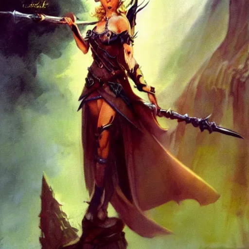 Image similar to elven princess character portrait by frank frazetta - wearing a dress, holding a staff, fantasy, dungeons & dragons, sharp focus, beautiful, artstation contest winner, detailed