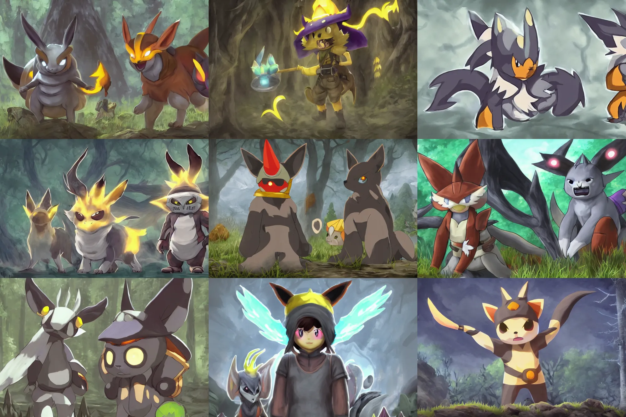 Prompt: trailcam footage grayscale low saturation video game elden clay growlithe reprisal star resident evil unreal engine mismagius mystery skyrim dungeon ultrahd resident eevee wearing bandanna standing under giratina, maidenless wearing witch hat pokemon