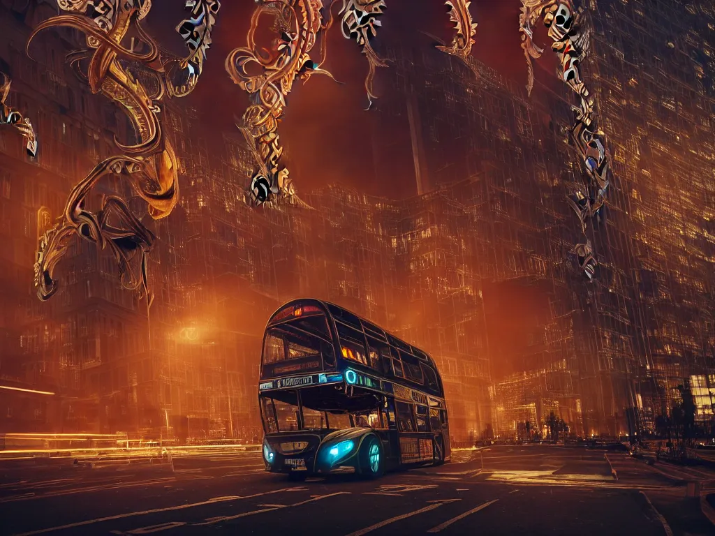 Prompt: an ancient beautiful cyborg with glowing eyes in the city of London, a cyborg with tentacles from it's head, part machine, westminster in background, london bus, colourful, dramatic lighting, golden hour, very detailed octane render very realistic beautiful
