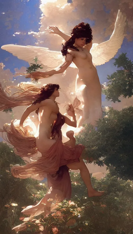 Image similar to goddess helios descending from olympus, artstation, concept art, smooth, sharp focus, illustration, art by artgerm and greg rutkowski and alphonse mucha and william adolphe bouguereau and john william waterhouse