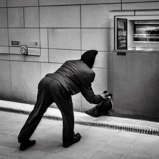 Image similar to a thief caught stealing from the bank, professional photography