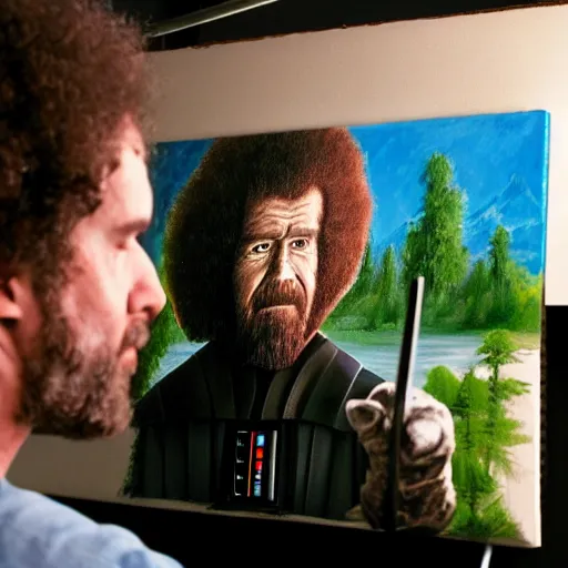 Image similar to a closeup photorealistic photograph of bob ross working on a canvas painting of darth vader. film still. brightly lit scene. mountains and trees. this 4 k hd image is trending on artstation, featured on behance, well - rendered, extra crisp, features intricate detail, epic composition and the style of unreal engine.