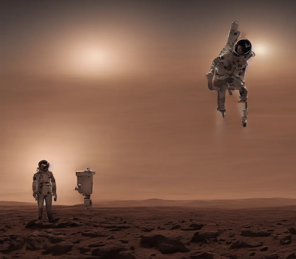 Image similar to Detailed photo of an astronaut seen from behind, he is standing on top of mount Venus on Mars, he is watching the Starship Super Heavy landing at the background, the Starship is landing at the base on the first martian colony, the sunset has just come with the characteristic cold color tone from Mars, the photo was taken by John Kraus, photorealistic, matte painting, hyper realistic, concept art, 4k, 8k, cinematic composition, cgsociety, HD, highly detailed, octane render, unreal engine 5, trending on artstation, shaders