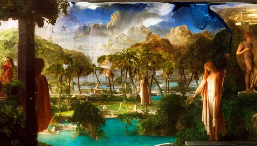 Prompt: From Inside the giant Palace, mediterranean balustrade and columns line, refracted sparkles, thunderstorm, greek pool, beach and Tropical vegetation on the background major arcana sky and occult symbols, by paul delaroche, hyperrealistic 4k uhd, award-winning, very detailed paradise