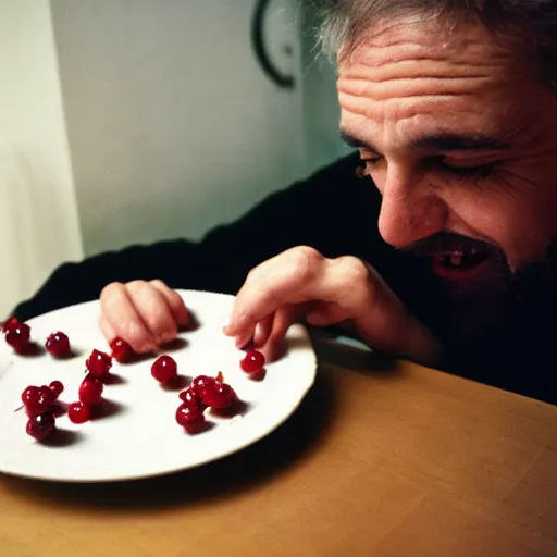 Image similar to a man eats currants with sugar in a plate in the kitchen, hyper realistic, hyper detailed, fujicolor superia 1 6 0 0 photo, cfg _ scale 8