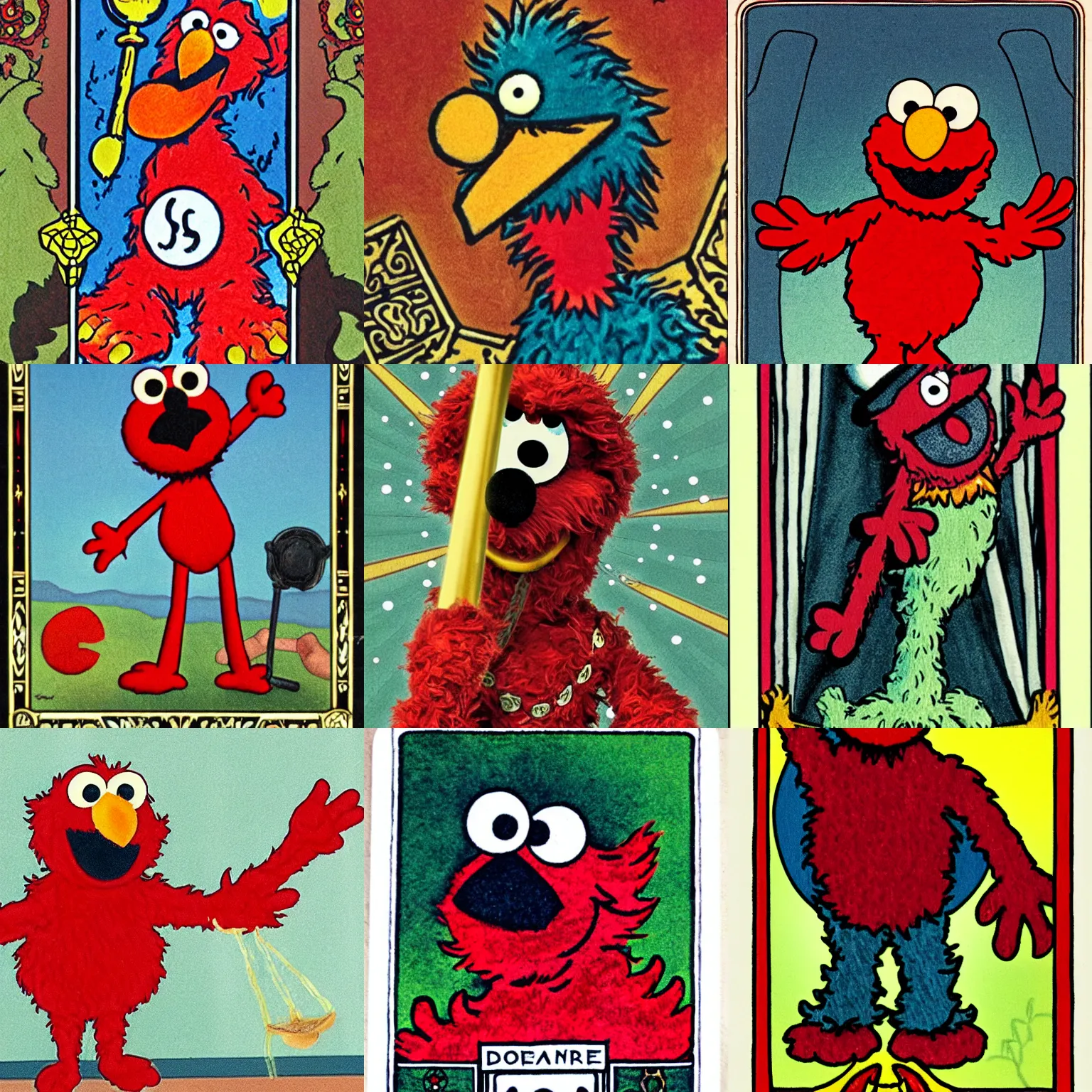 Prompt: tarot card depicting Elmo from Sesame Street as Death