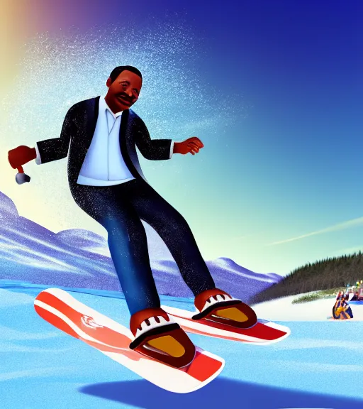 Prompt: martin luther king riding a snowboards in summer on the beach, photorealistic, 4 k, sharp, highly detailed,