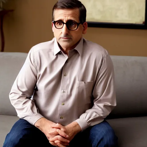 Prompt: full body photo of steve carell, mature male, mysterious face. he is sitting gracefully on a sofa, elegant slim beige shirt, tight shirt, bouncy belly