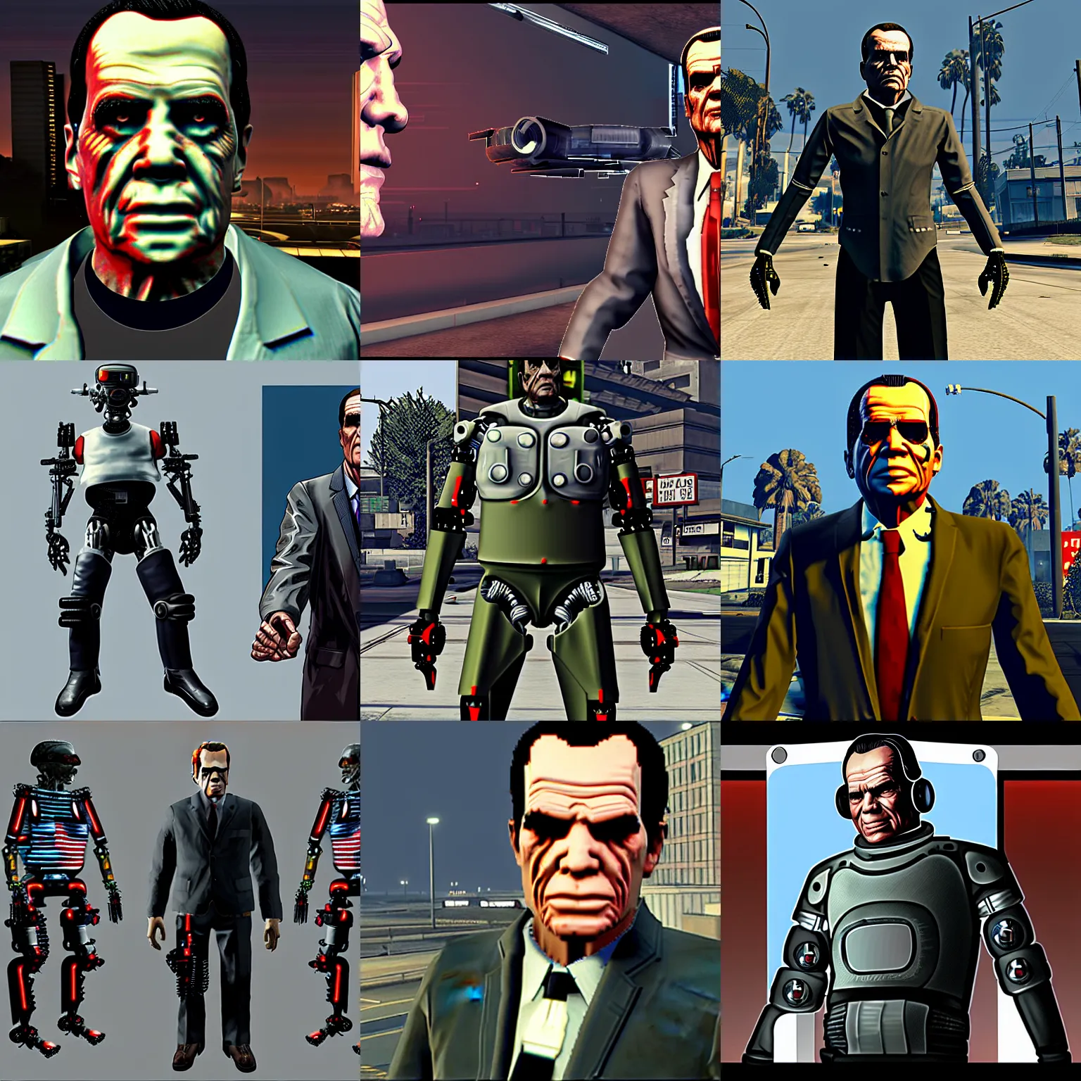 Prompt: cyborg cyberpunk richard nixon, exoskeleton destroyer, gta 5