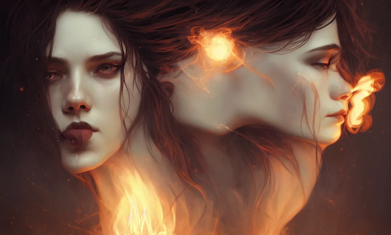 Image similar to A smoking witch closeup filled background around face, fantasy magic, undercut hairstyle, dark light night, intricate, elegant, sharp focus, illustration, highly detailed, digital painting, concept art, matte, art by WLOP and Artgerm and Greg Rutkowski and Alphonse Mucha, masterpiece