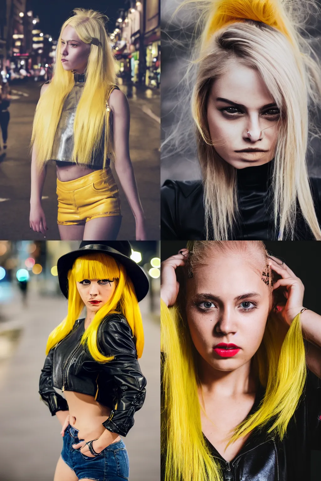 Prompt: 5 5 mm portrait photo of a girl with yellow hair wearing a leather crop top walking on a night street, 4 k photo, close up portrait