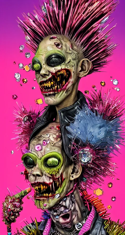 Prompt: action shot of a punk rock zombie with multicolored skin and pink crystal mohawk, red leather jacket, covered in florals and glitter, digital art, behance, fantasy, cartoonish, dramatic lighting, art by giuseppe arcimboldo, geoff darrow, hajime sorayama, wayne barlowe, boris vallejo, alex ross