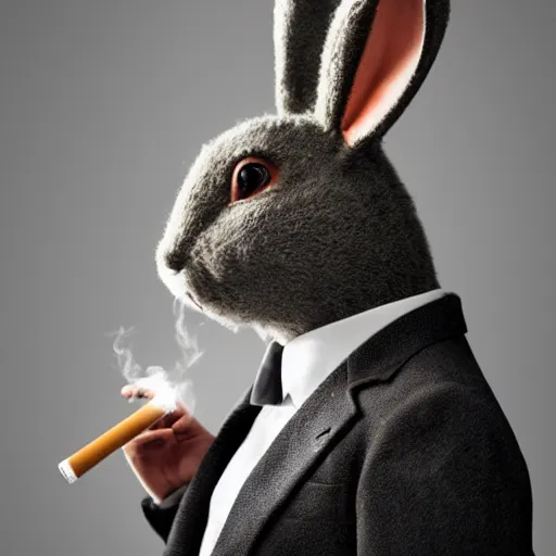 Prompt: a humanoid rabbit wearing a peak lapel suit and smoking a cigarette, chiaroscuro, medium shot, cinematic promo material