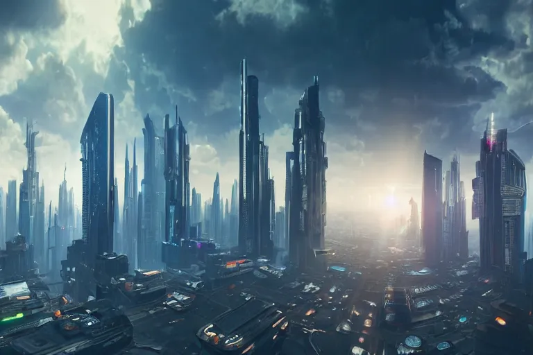 Prompt: a matte painting of cyberpunk city, skyscrapers, flying cars, windy, clouds, ray of sunlight, beeple, Mucha, ultra wide angle, light effect, blade runner 2049