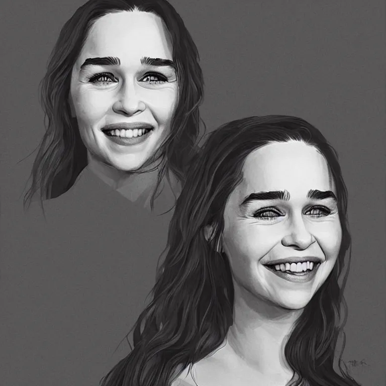 Image similar to an amaze - art painting of emilia clarke using single line, realism, smiling face