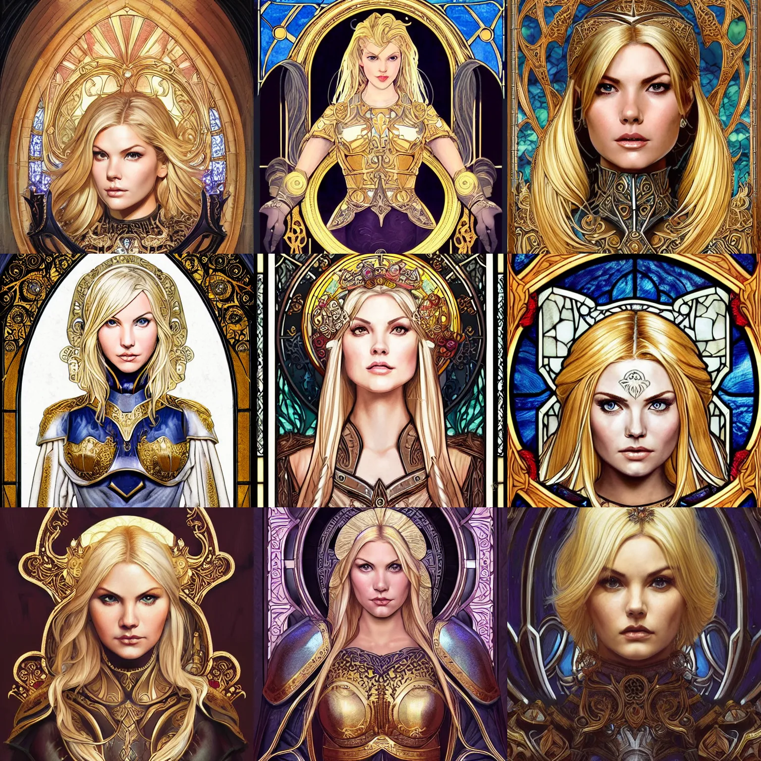 Prompt: head-on symmetrical centered painted portrait, Elisha Cuthbert as a paladin, blonde hair, golden halo, ornate iron armour, art nouveau, fantasy, masterpiece stained glass, intricate, elegant, highly detailed, smooth, sharp focus, illustration, artstation, in the style of Artgerm and Anna Podedworna and Edgar Maxence and Alex Ross and Mucha