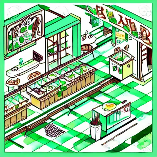 Prompt: vector drawn line art of cannabis cafe, isometric art, shading layer complete watercolor