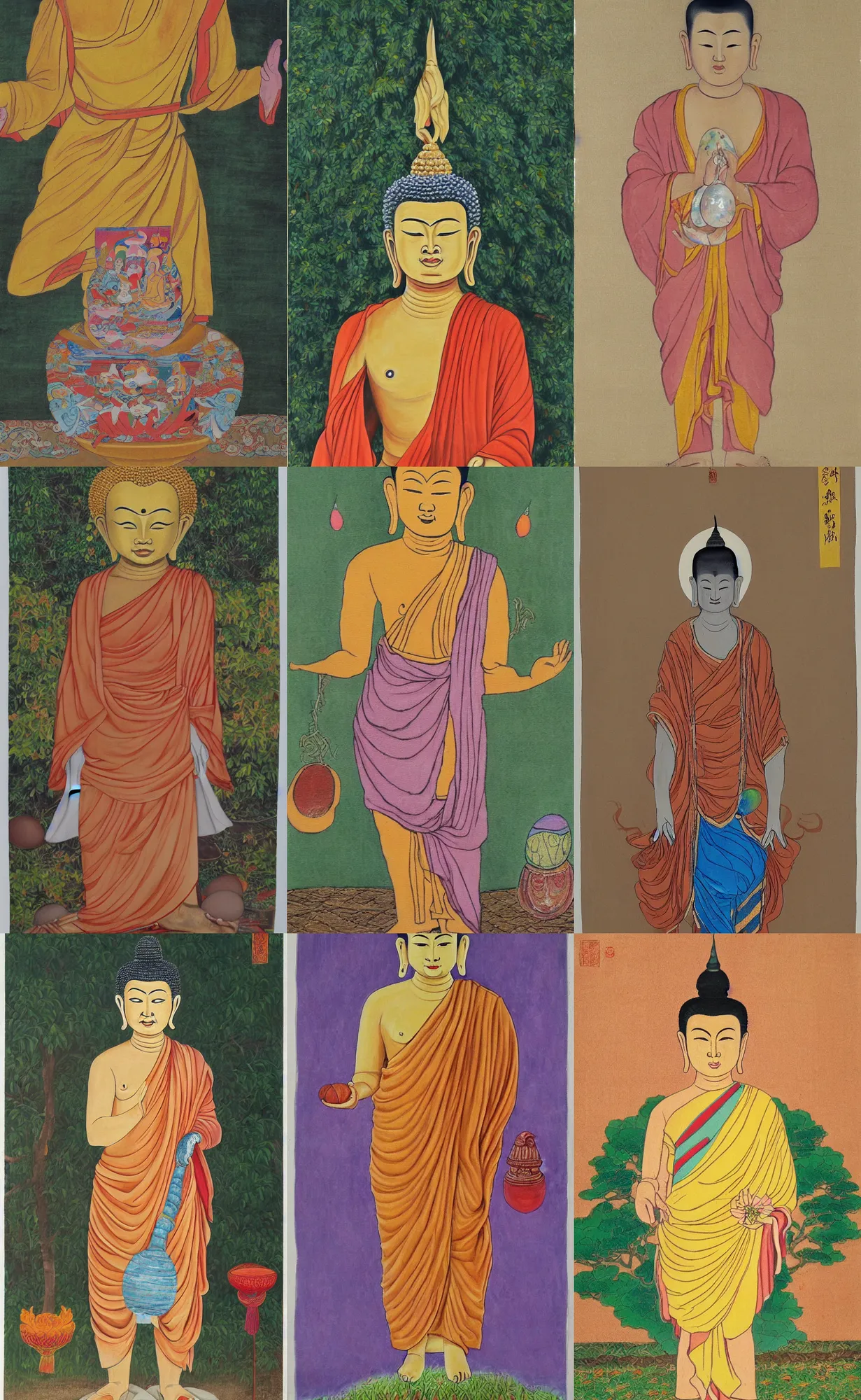 Prompt: painting of a standing thai budha, long tunic, barefoot, holding in the hands easter eggs, by aoshima chiho