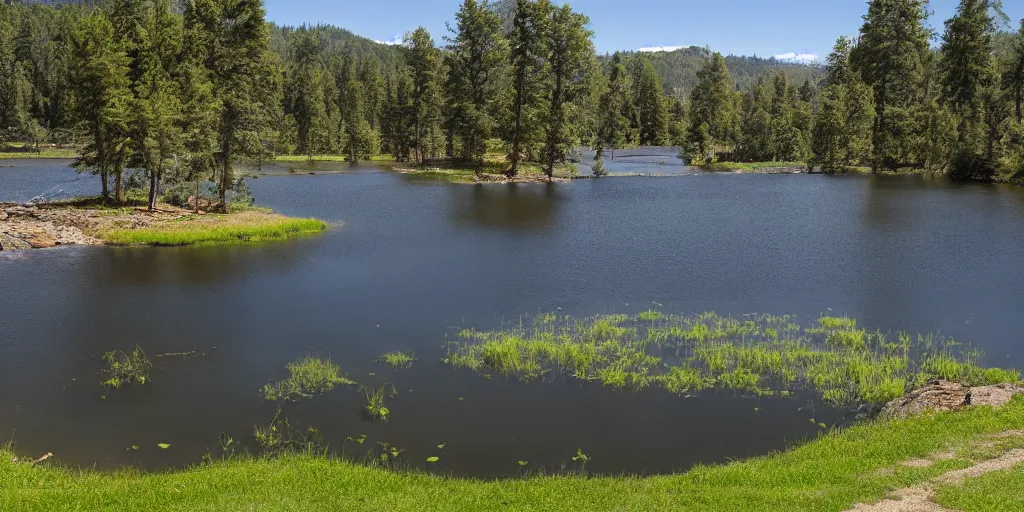 Prompt: photo field with small Lake with black dark water in center reality