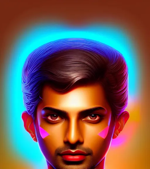 Image similar to symmetry!! indian prince of technology, solid cube of light, hard edges, product render retro - futuristic poster scifi, lasers and neon circuits, brown skin handsome indian prince, intricate, elegant, highly detailed, digital painting, artstation, concept art, smooth, sharp focus, illustration, dreamlike, art by artgerm