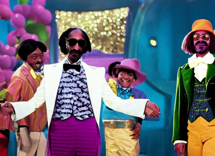 Image similar to film still of Snoop Dogg as Willy Wonka in Willy Wonka and the Chocolate Factory 1971