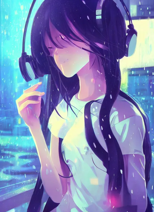 Prompt: listening to music at 2 am, pretty face, rain, lofi, lofi, peaceful, street light, anime key visual, poster, anime, by wlop, high quality