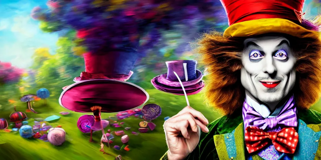 Image similar to The Mad Hatter portrait, Alice in wonderland, colorful, wide angle, super highly detailed, professional digital painting, artstation, concept art, smooth, sharp focus, no blur, no dof, extreme illustration, Unreal Engine 5, Photorealism, HD quality, 8k resolution, cinema 4d, 3D, beautiful, cinematic, art by artgerm and greg rutkowski and alphonse mucha and loish and WLOP