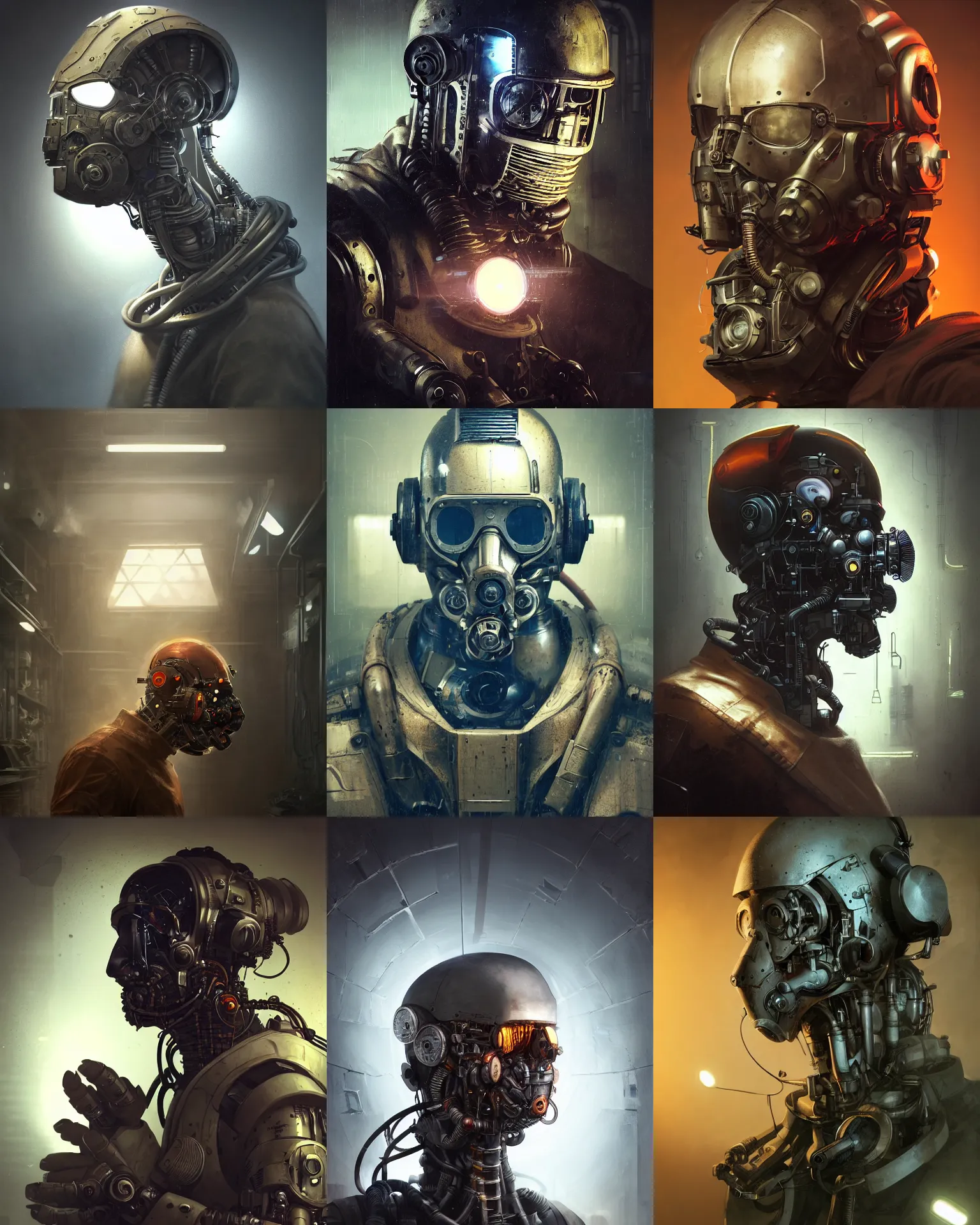 Prompt: a rugged engineer man with cybernetic enhancements researching in the laboratory, detailed mask, scifi character portrait by greg rutkowski, esuthio, craig mullins, 1 / 4 headshot, cinematic lighting, dystopian scifi gear, gloomy, profile picture, mechanical, half robot, implants, steampunk, warm colors