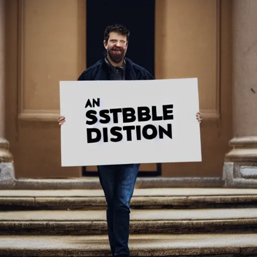 Image similar to a man holding up a sign that says stable diffusion, photograph, cinematic lighting, movie frame