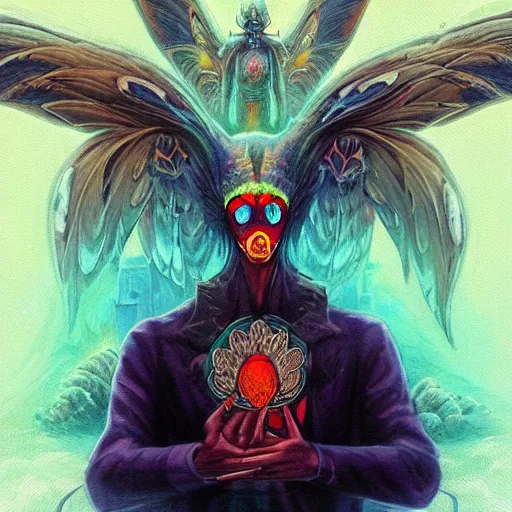 Image similar to 8K headshot Portrait of centered chest up of a psychedelic godlike mothman with giant mandala wings smoking a hand-rolled cigarette smoking heavily , magic mushroom village in background , post-processing , award winning. superb resolution. in the art style of Tony Takezaki and Greg Rutkowski . Detailed Mushroom city in background. Hyper realistic anime. Perfect art. Dalle2