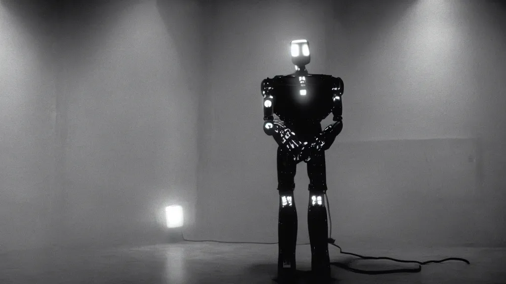 Image similar to movie scene of a robot that wanted to be human, movie still, cinematic composition, cinematic light, by David Lynch