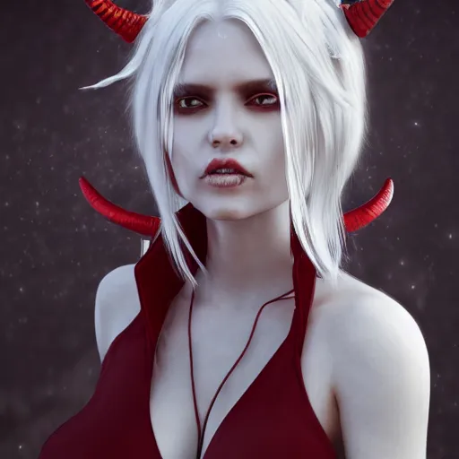 Image similar to a highly detailed portrait of a humanoid demon girl with white hair, red horns, in white clothes, artstation, deviantart, professional, unreal engine 5, photorealistic