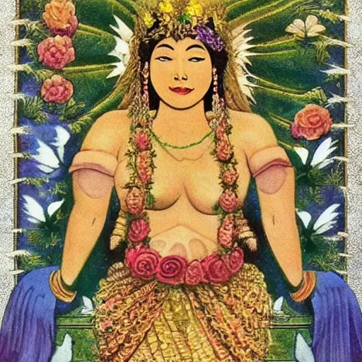 Prompt: goddess named urualu, she rules over love and marriage. her symbols are roses and doves.