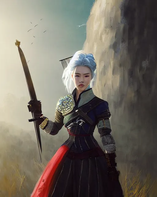 Image similar to Zhang Ziyi as Ciri from Witcher 3 by Artgerm and Greg Rutkowski, wearing haute couture by schiaparelli, sharp focus, sun rays, intricate, elegant, highly detailed, digital painting, masterpiece.