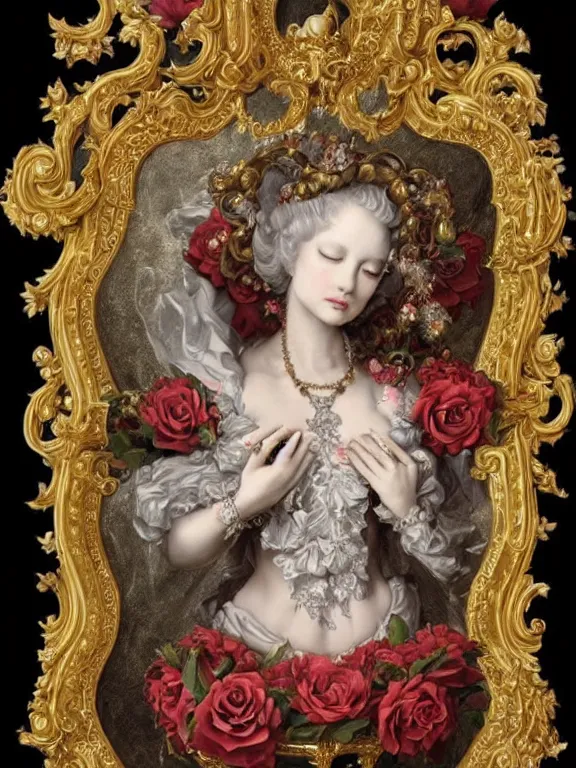 Prompt: a beautiful render of a recatholic rococo roses veiled red queen with baroque symmetry intricate detailed ,heart,pray,love,crystal-embellished,by Daveed Benito,LEdmund Leighton,Virginie Ropars,aaron horkey,Billelis,trending on pinterest,maximalist,glittering,golden ratio,cinematic lighting