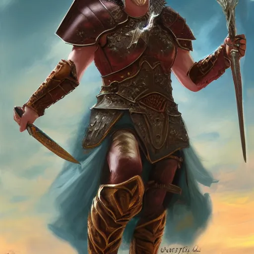 Prompt: highly realistic painting of a male fantasy warrior, 4k, victorious, magic, battle